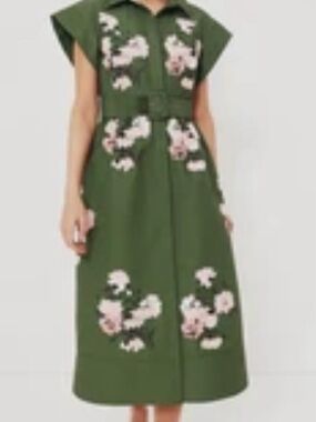 Tuckernuck Olive Green Midi Dress with Pink Floral Appliqué